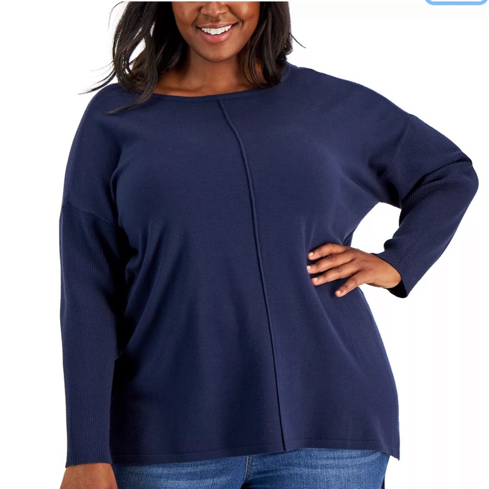Style & Co Plus Size Seamfront Mixed Media Thin Navy Tunic Sweater Size 1X